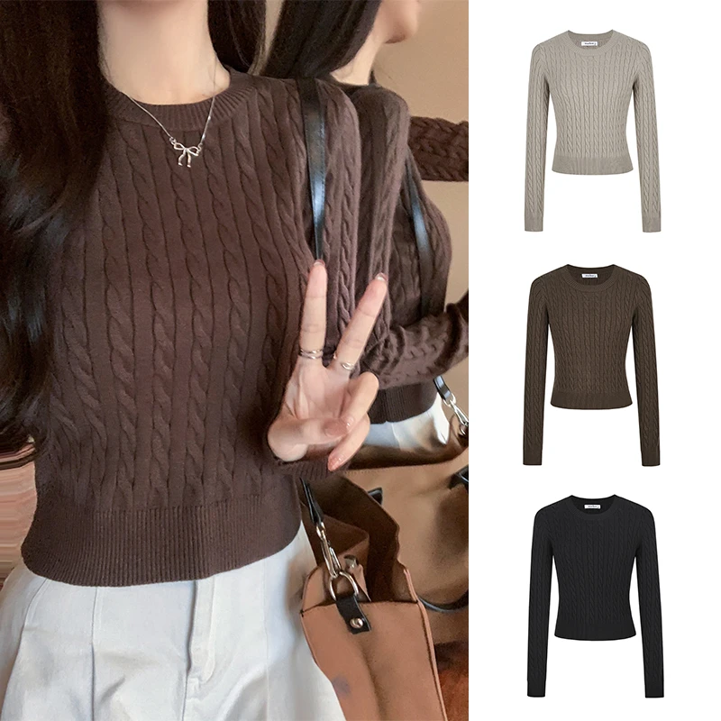 Moses Queen/魔西女王短款套头圆领麻花毛衣针织衫女打底衫学院风