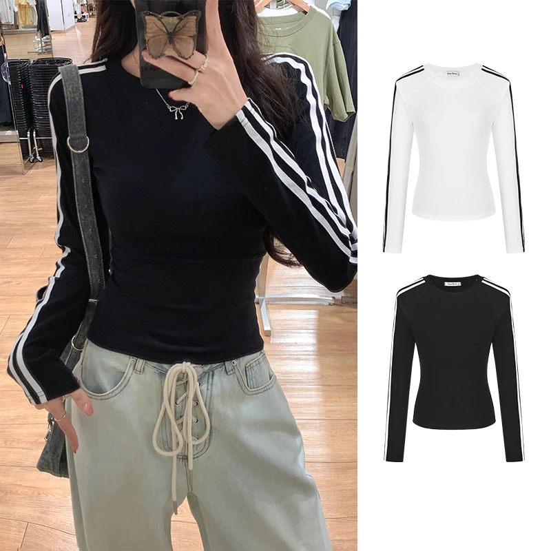 Moses Queen/魔西女王辣妹甜酷条纹拼色长袖T恤早秋圆领薄款上衣