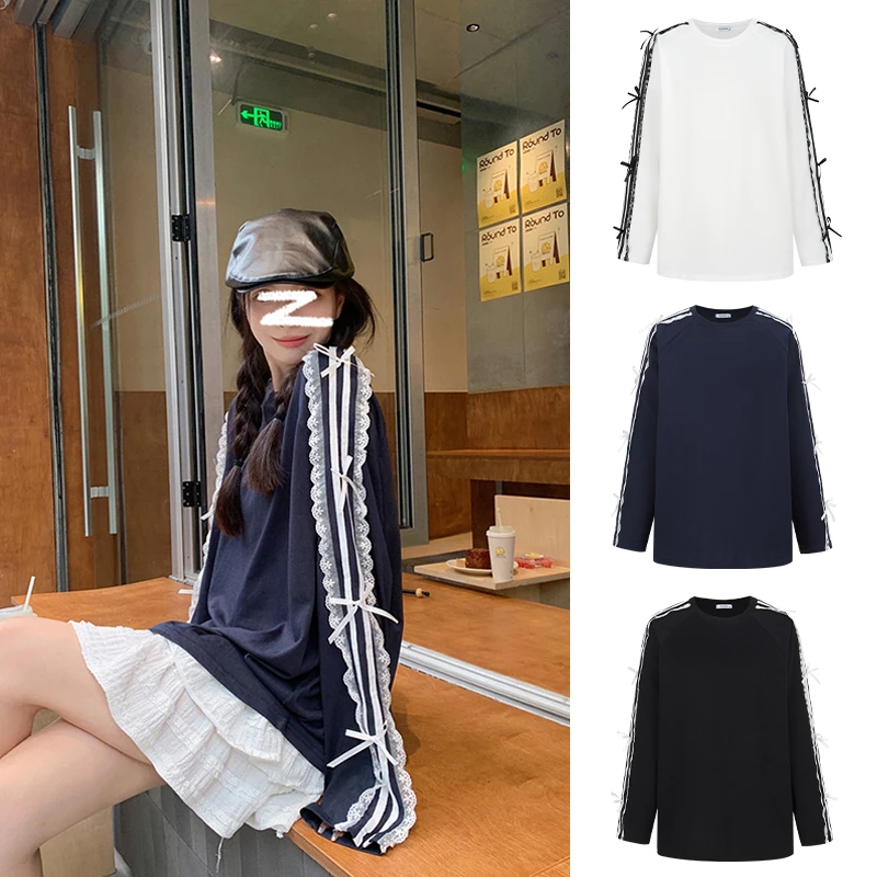 Moses Queen/魔西女王花边蝴蝶结长袖T恤女小众拼接甜辣宽松上衣