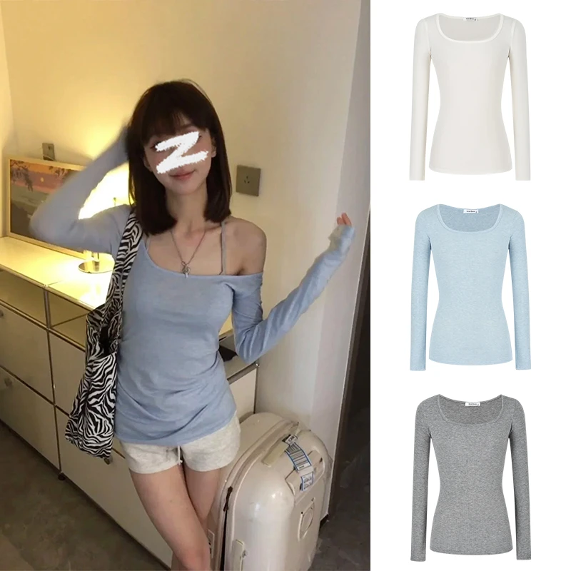 Moses Queen/魔西女王美式纯欲方领长袖T恤女性感修身U领薄款上衣