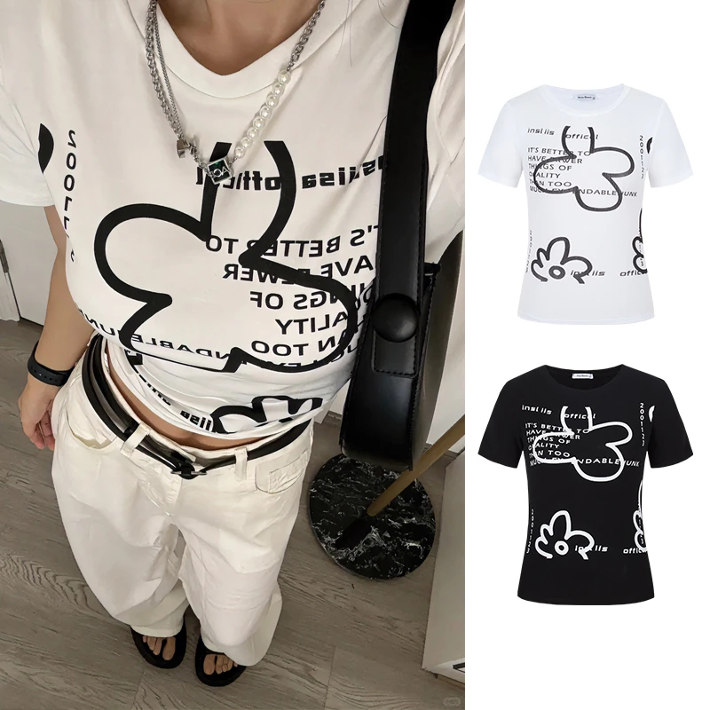 Moses Queen/魔西女王毕加索线条短袖T收腰显胸小众印花辣妹上衣