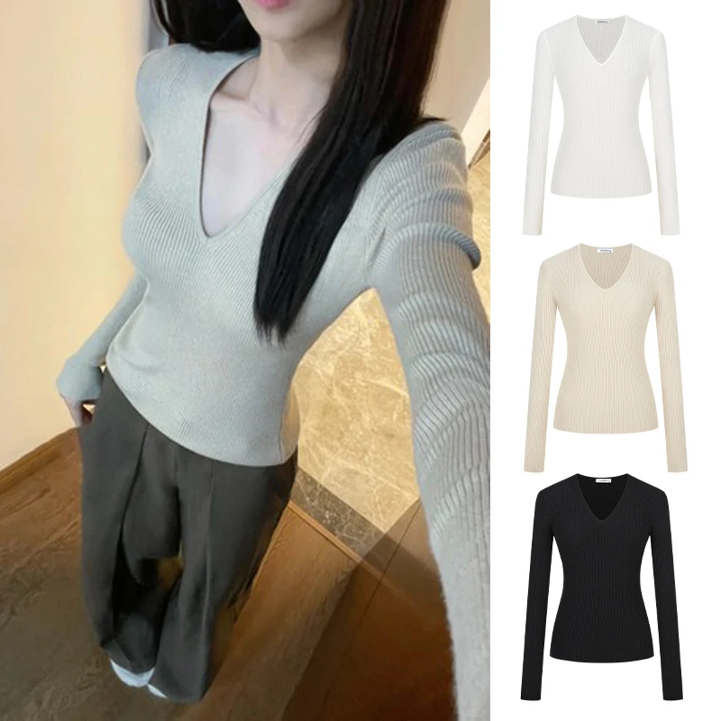 Moses Queen/魔西女王纤细感V领针织衫修身显瘦百搭气质长袖上衣