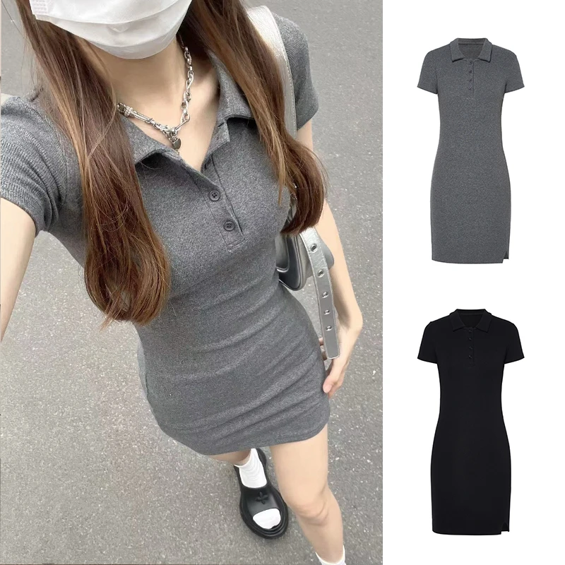 Moses Queen/魔西女王辣妹连衣裙Polo领休闲修身包臀裙收腰短裙