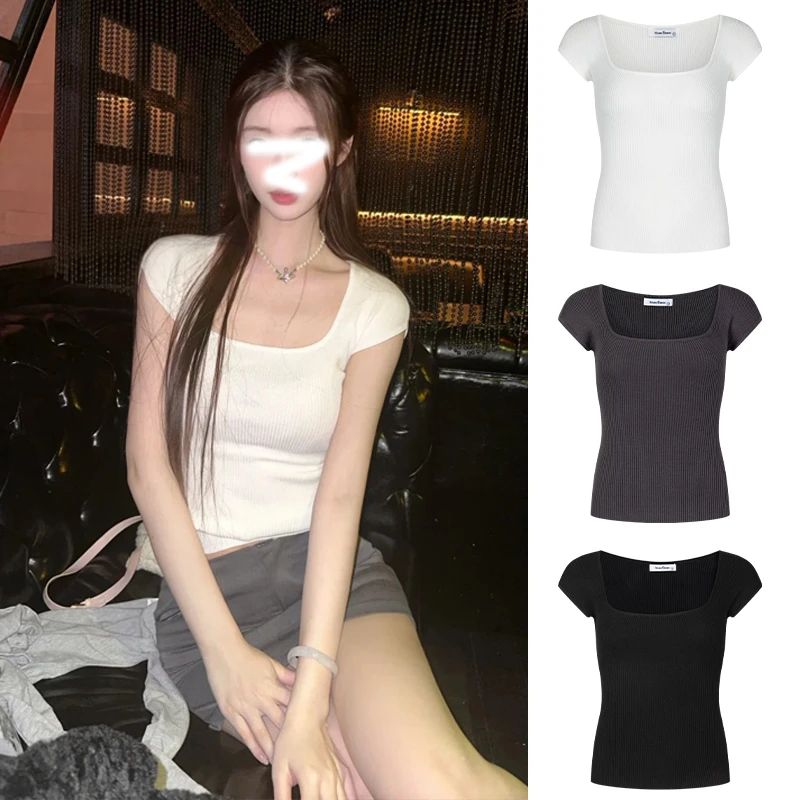 Moses Queen/魔西女王纯欲性感大U领辣妹短袖T恤修身显瘦美式上衣