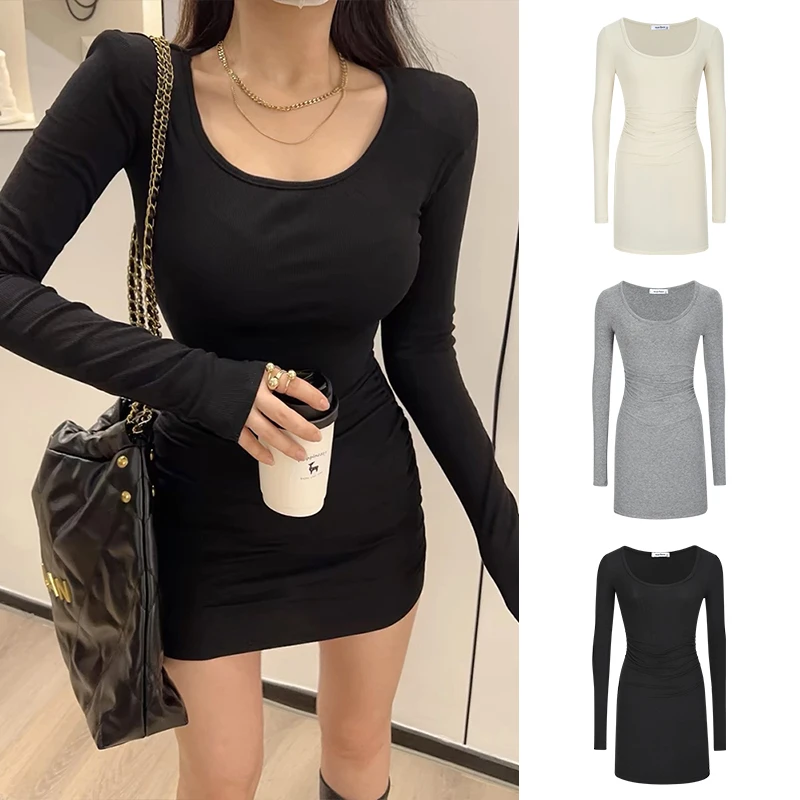 Moses Queen/魔西女王大U领辣妹连衣裙长袖打底收腰褶皱包臀短裙