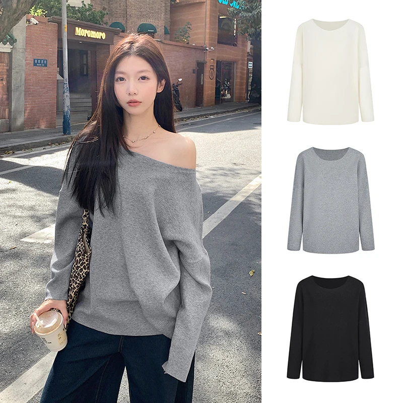 Moses Queen/魔西女王复古斜肩毛衣针织衫慵懒风气质露肩上衣