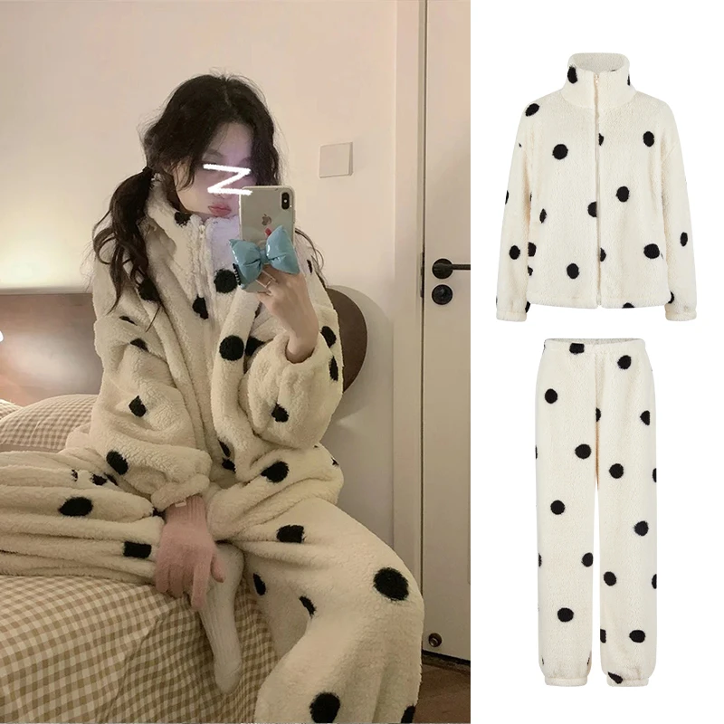 Moses Queen/魔西女王珊瑚绒波点居家服套装立领开衫休闲直筒裤