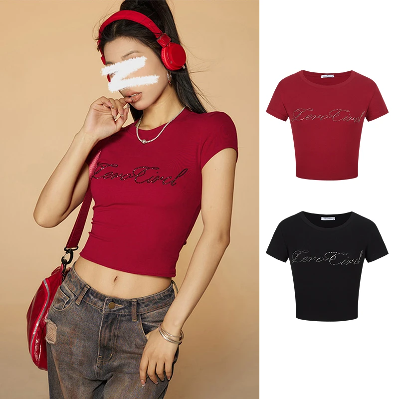 Moses Queen/魔西女王美式复古烫钻正肩短袖T恤辣妹修身显瘦上衣