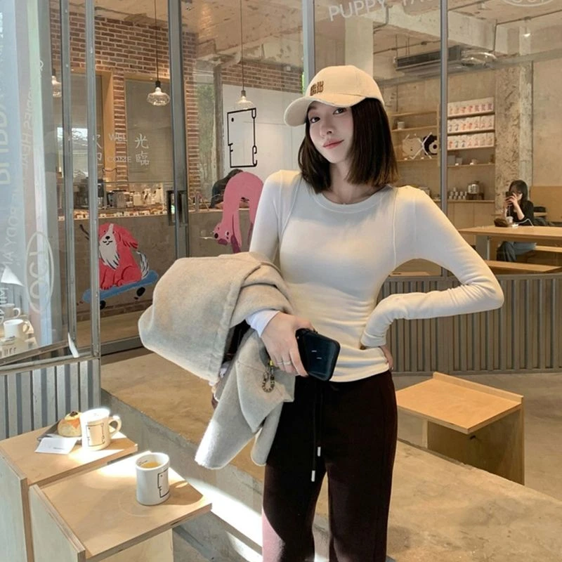 德绒磨毛辣妹内搭打底衫女发热锁温秋冬保暖纯色圆领修身显瘦上衣