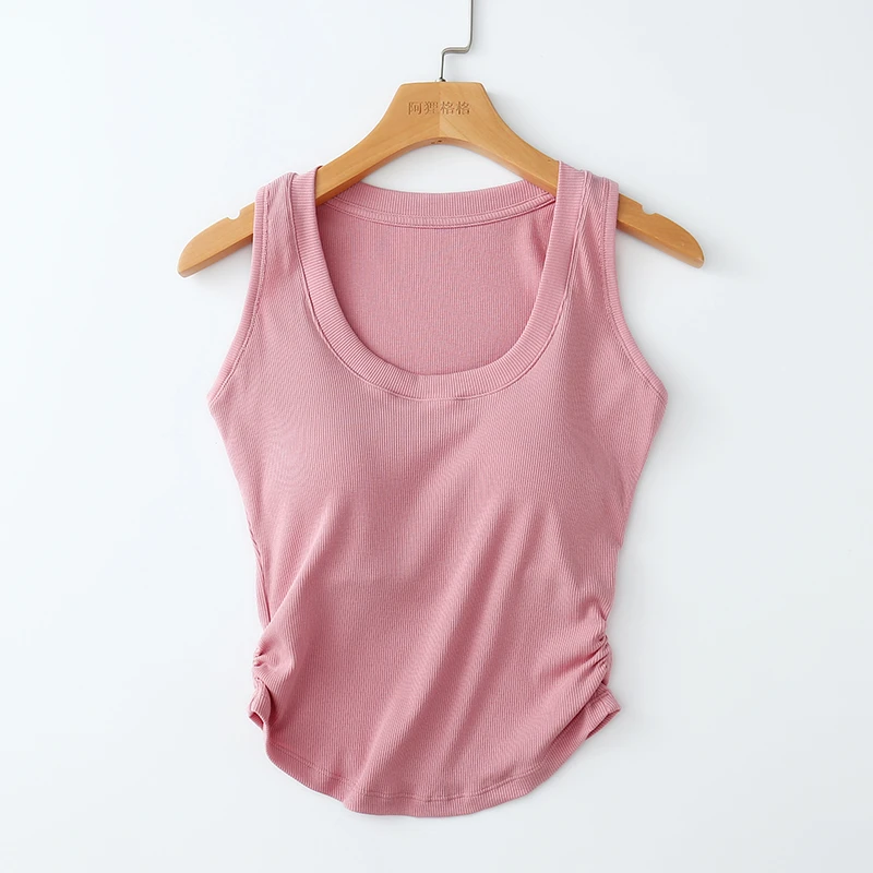 天丝莱赛尔 小蛮腰收腰设计 性感U领背心女夏外穿 带胸垫免穿文胸