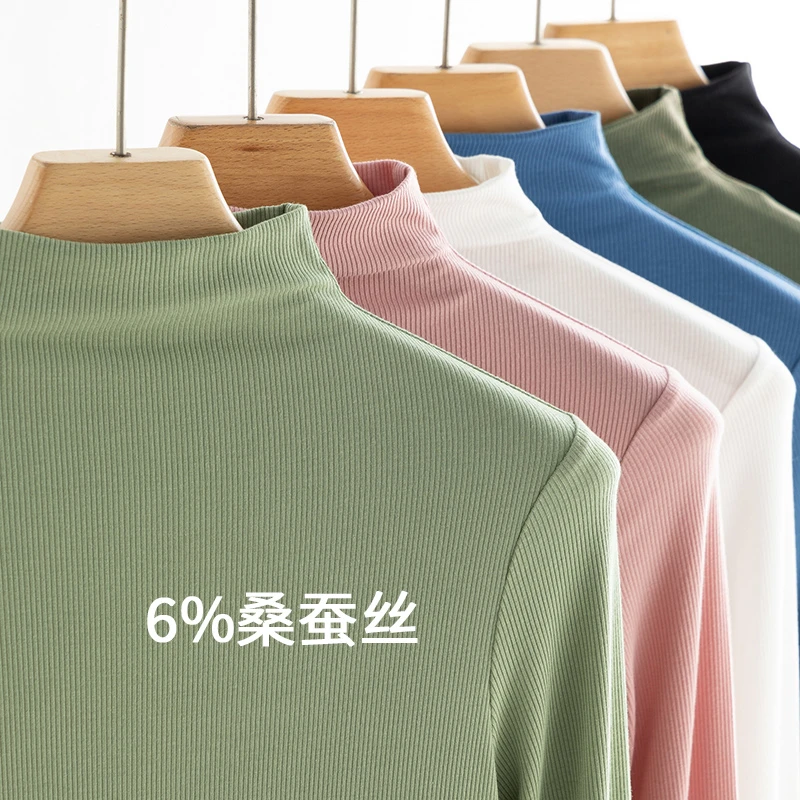 6%蚕丝肌底衣薄款半高领打底衫女春秋款内搭 螺纹长袖T恤阿狸格格