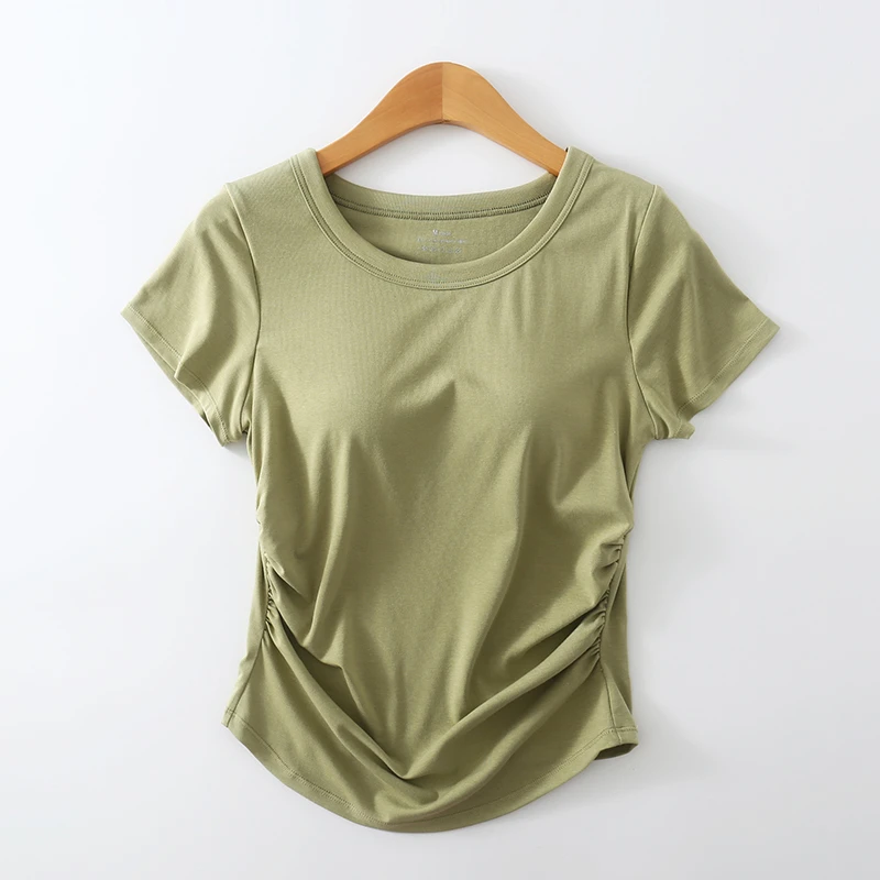 两侧抽褶 收腰弧形下摆 圆领短袖T恤女夏季外穿内搭 带胸垫打底衫