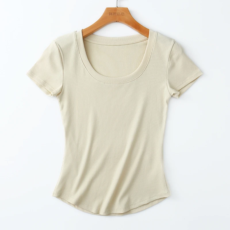 天丝莱赛尔上衣 U领螺纹短袖T恤女夏季薄款修身  弧形下摆小蛮腰