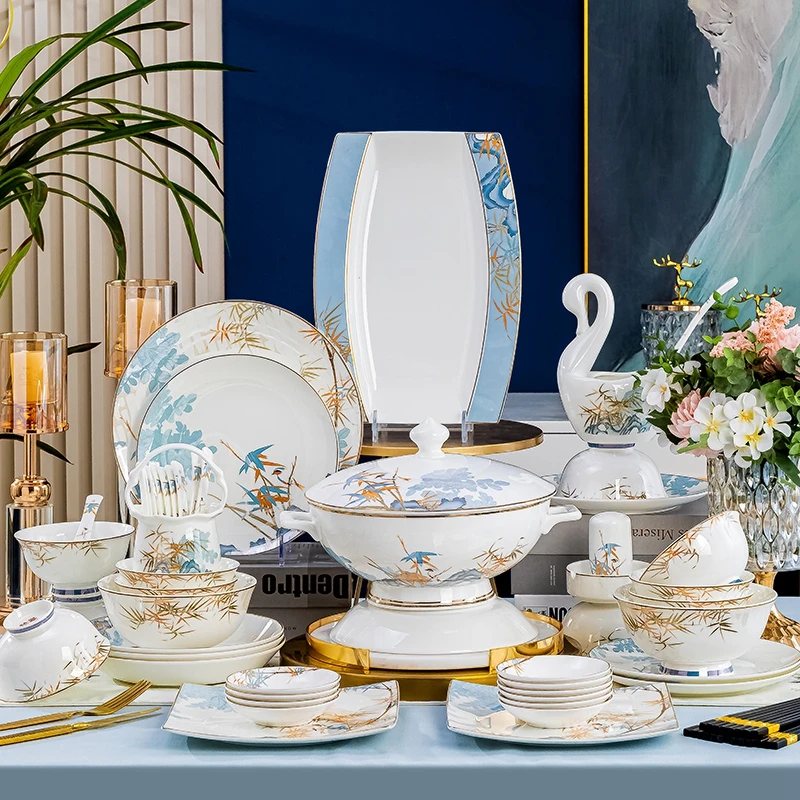 骨瓷餐具碗碟套装家用景德镇中式轻奢高档陶瓷碗盘筷乔迁结婚送礼