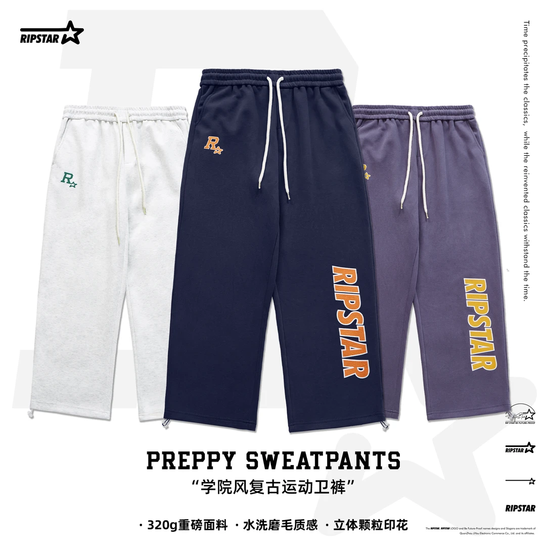 RIPSTAR学院风复古水洗宽松直筒抽绳口重磅情侣立体印花休闲卫裤