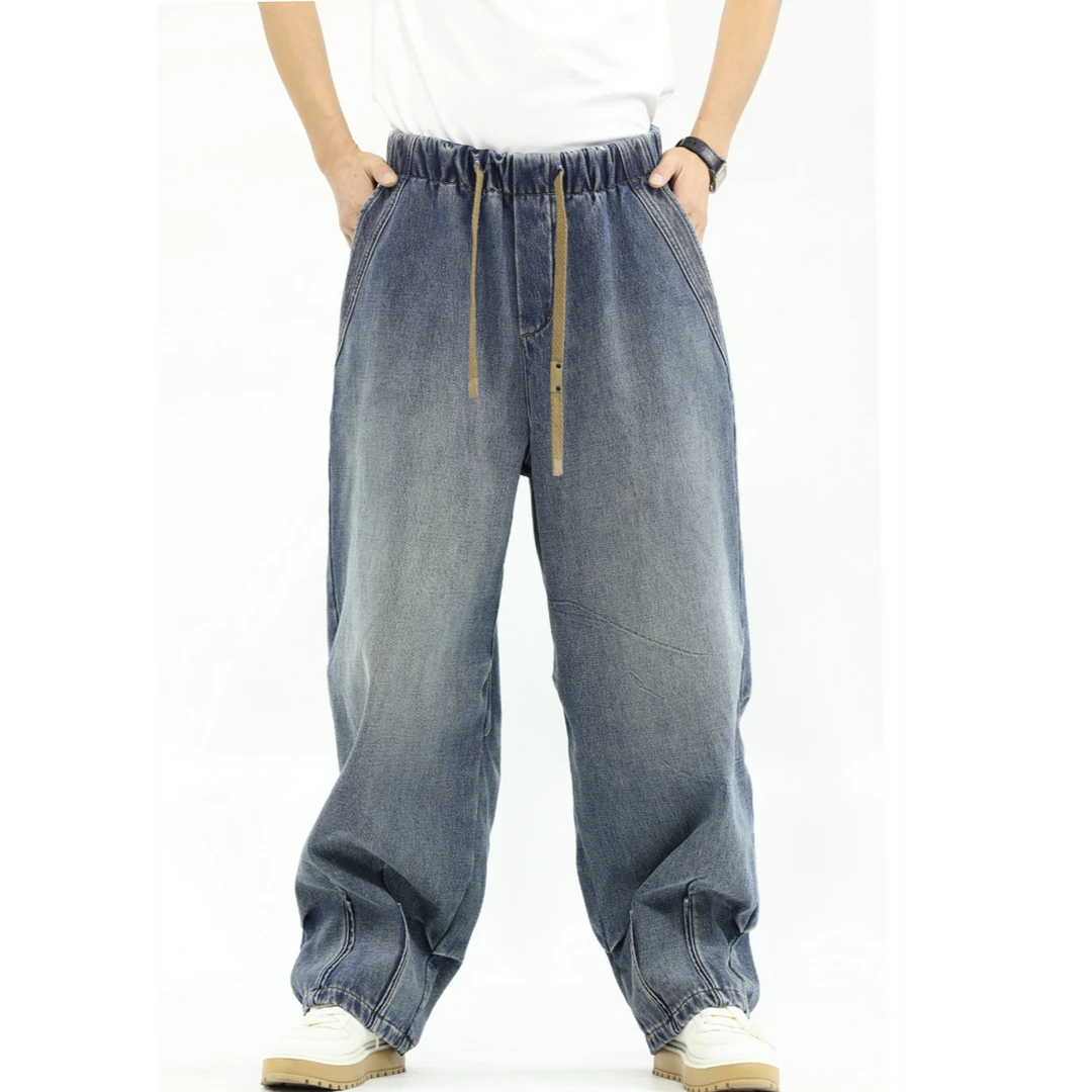 Vicwm冬款新品 加厚加绒阔腿牛仔裤美式高街宽松褶皱水洗复古裤子