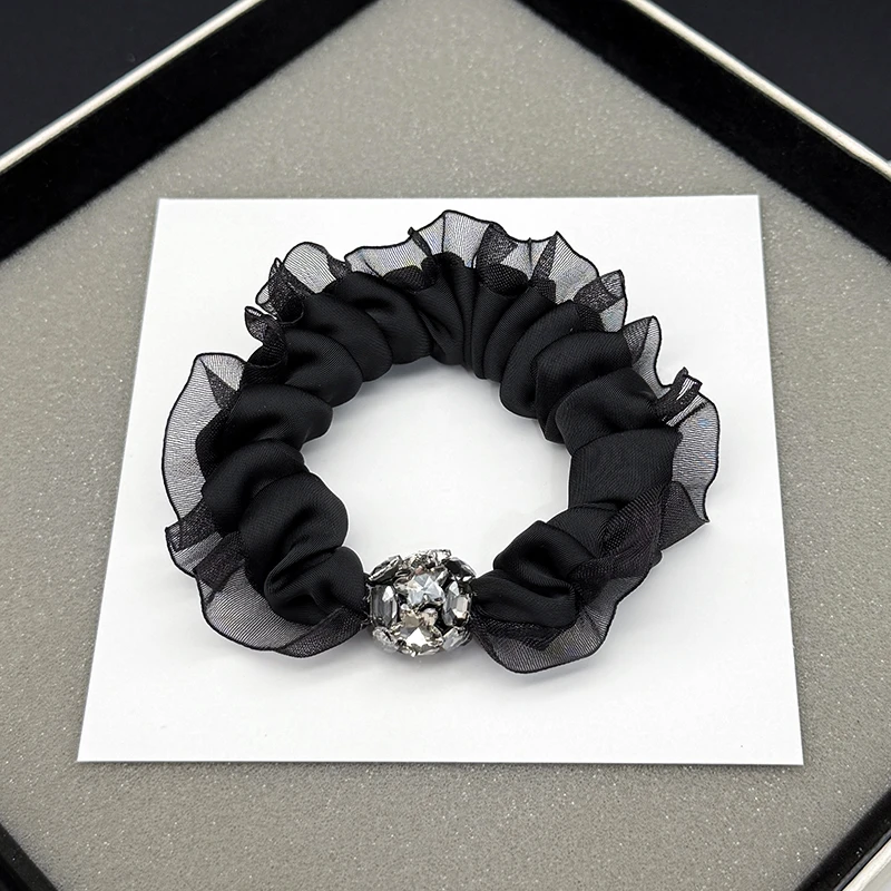 法式气质发饰高级感蕾丝花边大肠发圈女丸子头饰水钻马尾头绳发绳