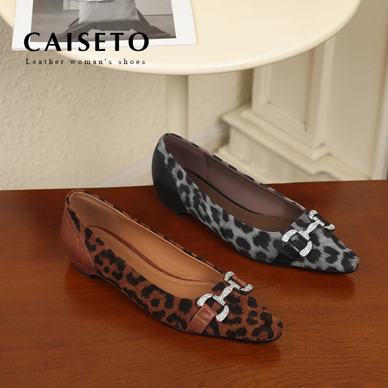 羊皮/2.5cm/女士尖头搭扣平底鞋软底百搭浅口低跟气质豹纹D724