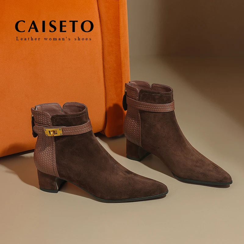 头层羊皮/4.5cm2024秋冬手工编织拼接尖头简约百搭粗跟短靴X183