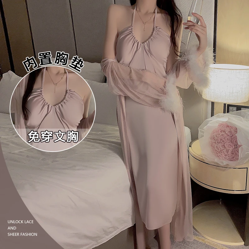 性感纯欲风挂脖绑带睡衣女款爆款2025新款夏季出门款吊带冰丝睡裙