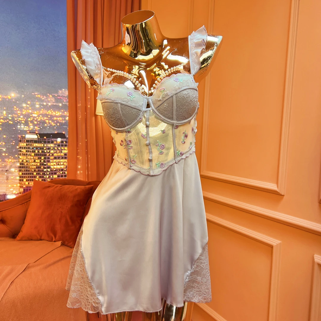 【蜜意心澜】性感美背冰丝珍珠钢圈承托聚拢防下垂上托内托蕾丝睡裙