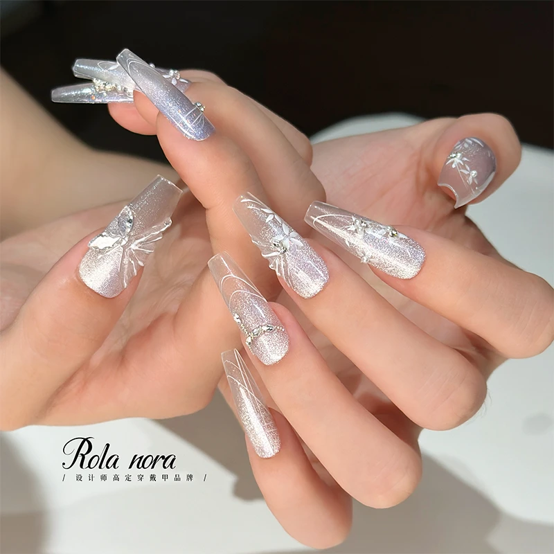 Rola Nora【迷迭香】纯手工穿戴甲 手绘花花猫眼渐变方糖钻冰透蝴蝶