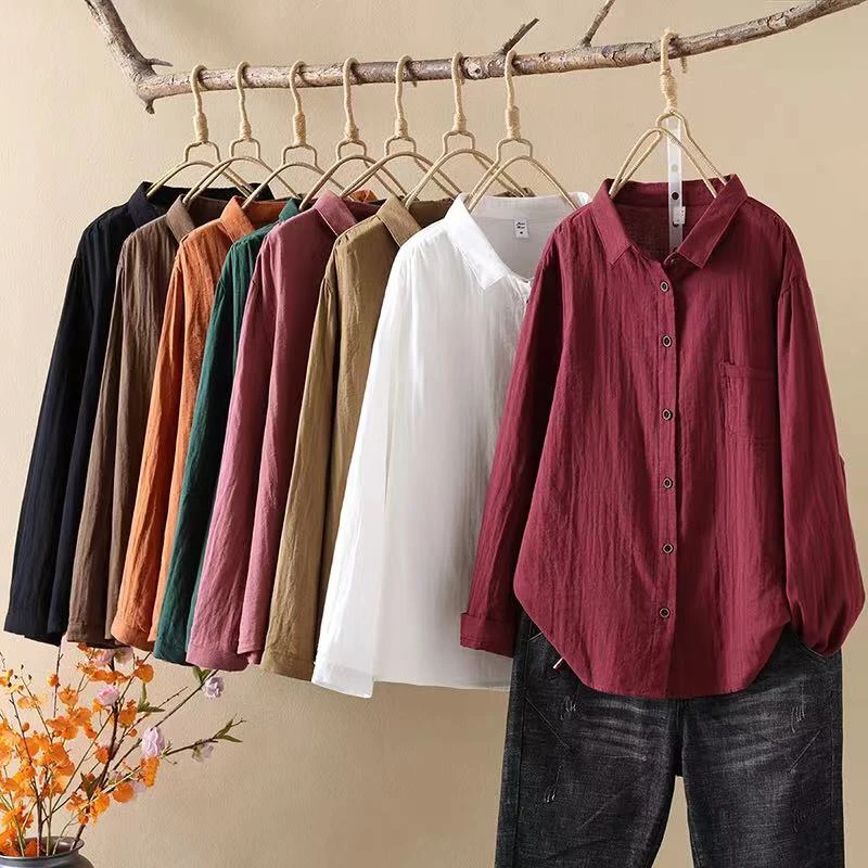 2024秋季长袖文艺翻领婴儿棉双层纱宽松百搭衬衫上衣女纯色3655