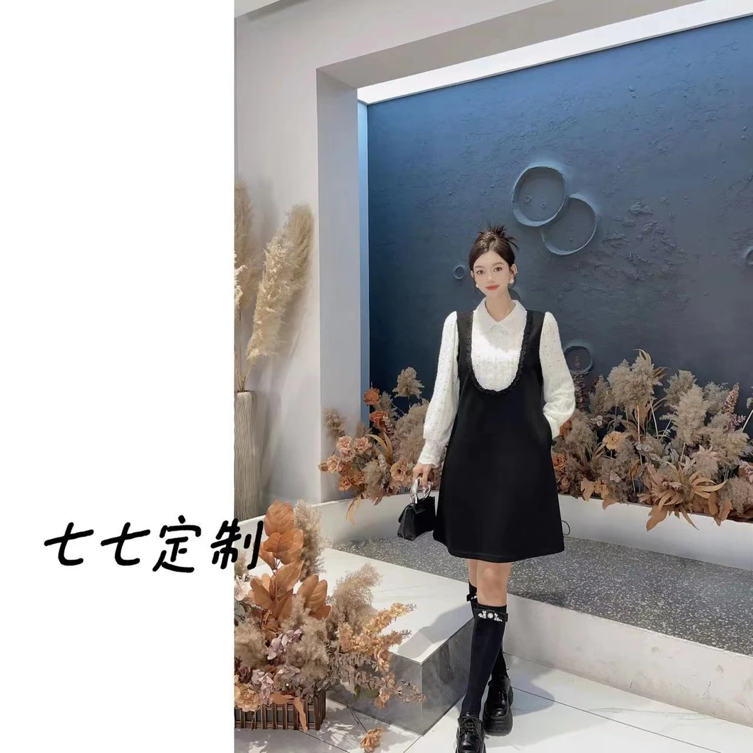 2024重工羽毛蕾丝拼接名媛气质显瘦连衣裙09856