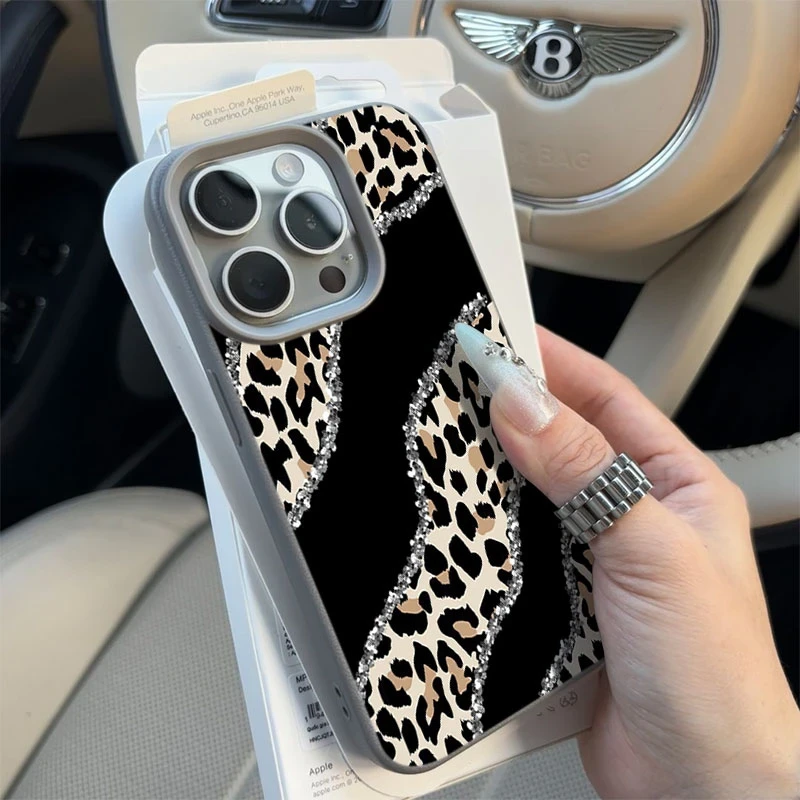 豹纹镶钻石边适用苹果16promaxiPhone14手机壳15个性13创意12简约