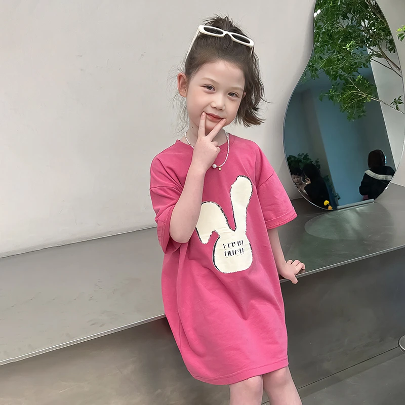 纯棉儿童中长款网红t恤女童短袖上衣大童装连衣裙子 3B127