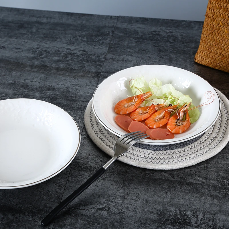 顺祥陶瓷2个装8英寸反边饭盘菜盘北欧风浮雕纯白金边盘子ins