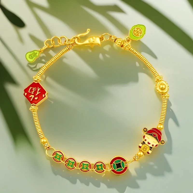足金999烧蓝小财神钱币黄金手链（14.13克）国潮礼物