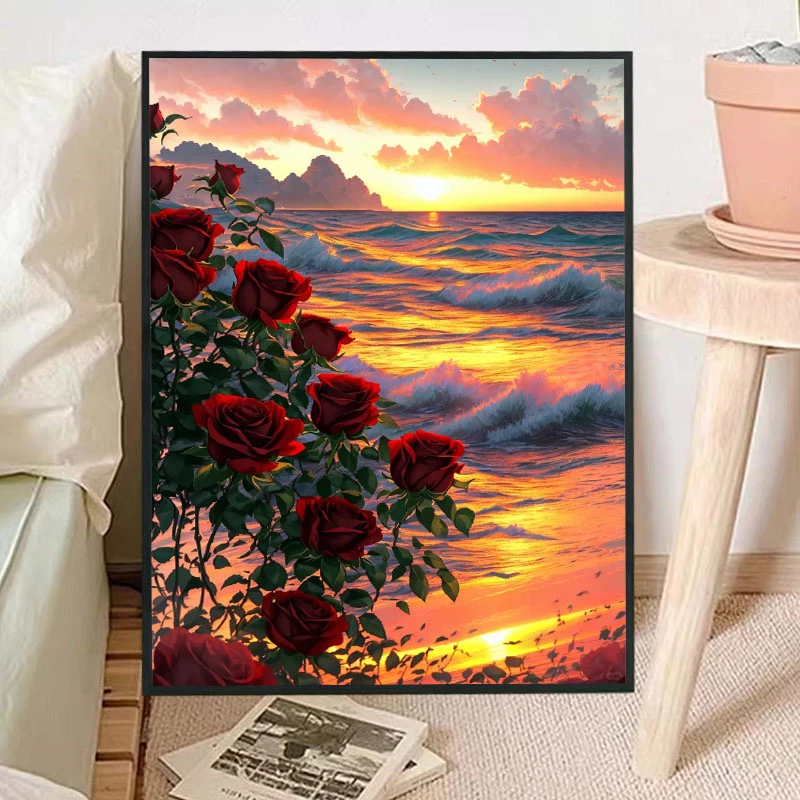 海上生花DIY手工钻石画粘贴解压十字绣风景花卉客厅家居装饰挂画