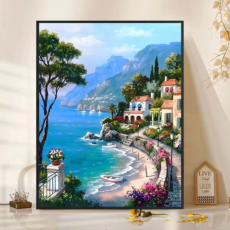 海边小镇DIY手工钻石画粘贴解压十字绣风景花卉客厅家居装饰画