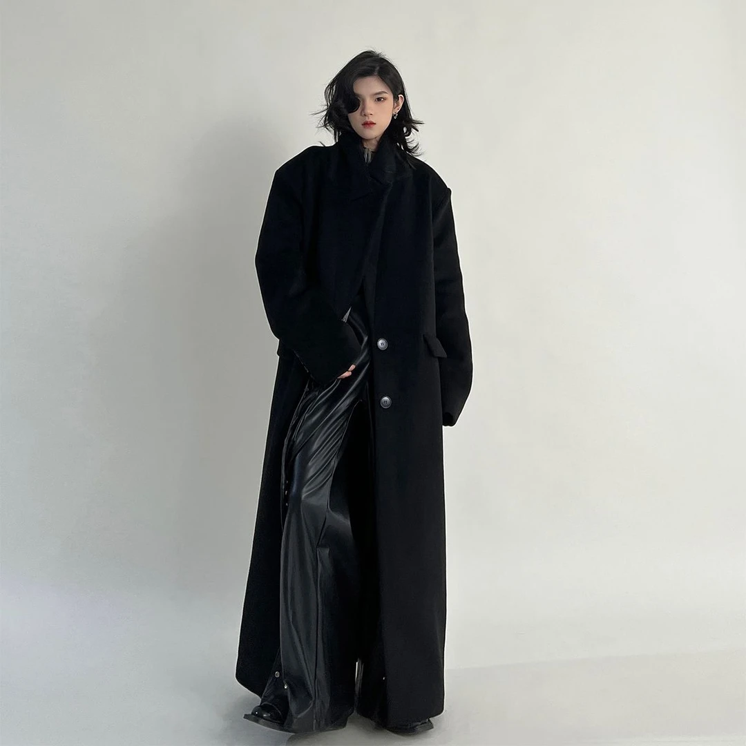 黑色毛呢大衣外套女秋冬新款设计感小众赫本风高个子长款呢子外套