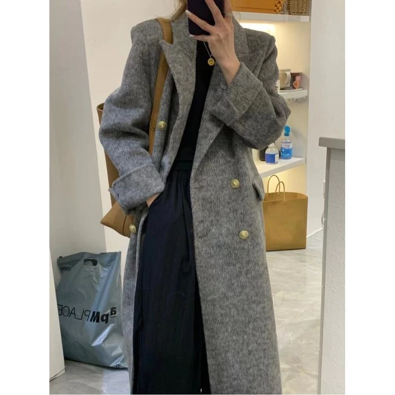 灰色西装领呢子大衣女秋冬新款高级时尚过膝中长款加厚毛呢外套潮