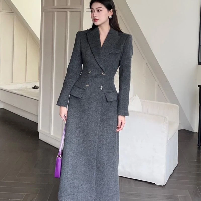 赫本风灰色呢子大衣女秋冬高级感超好看中长款小香风加厚毛呢外套