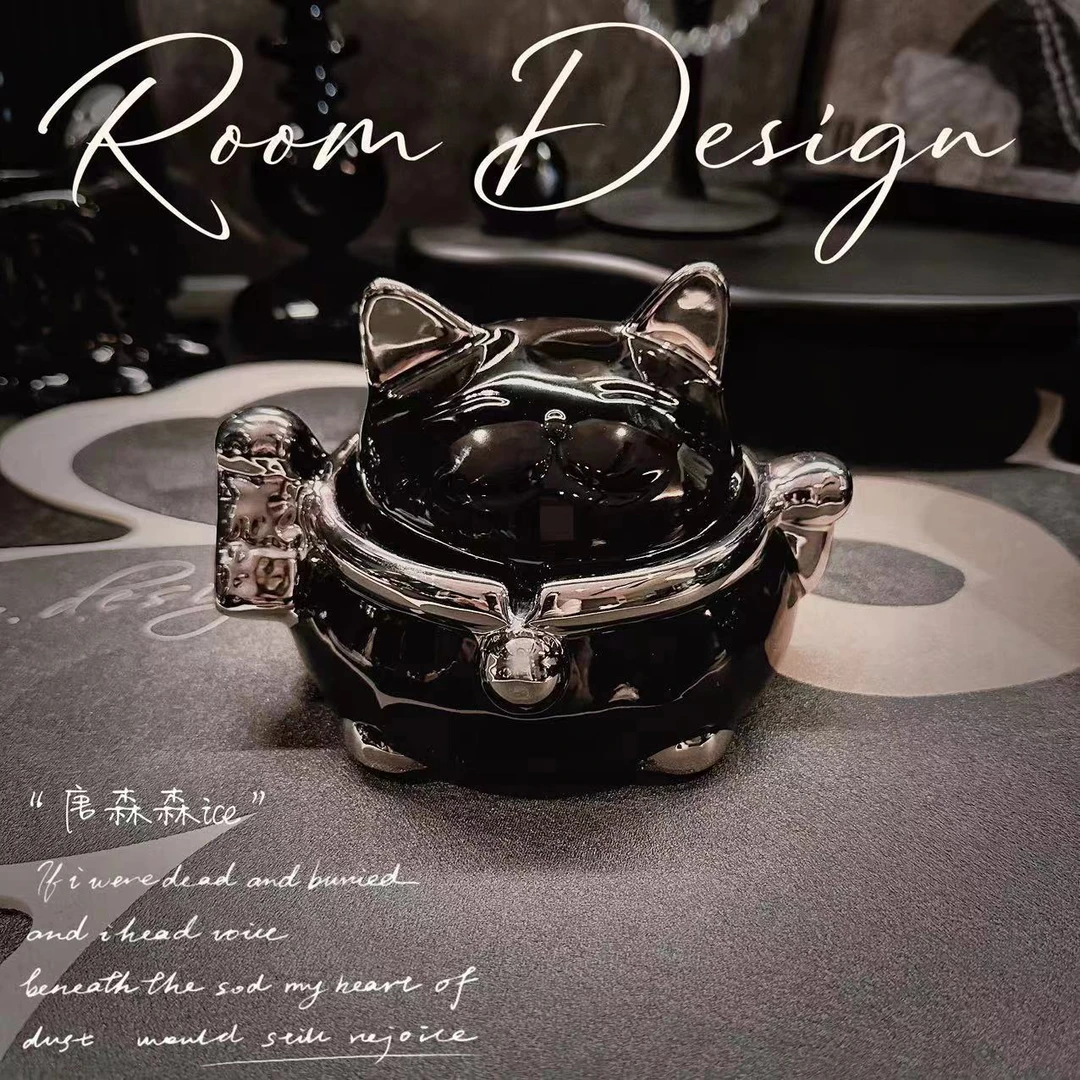 【唐森森设计】招财猫陶瓷烟灰缸带盖高级感小众轻奢家用客厅摆件