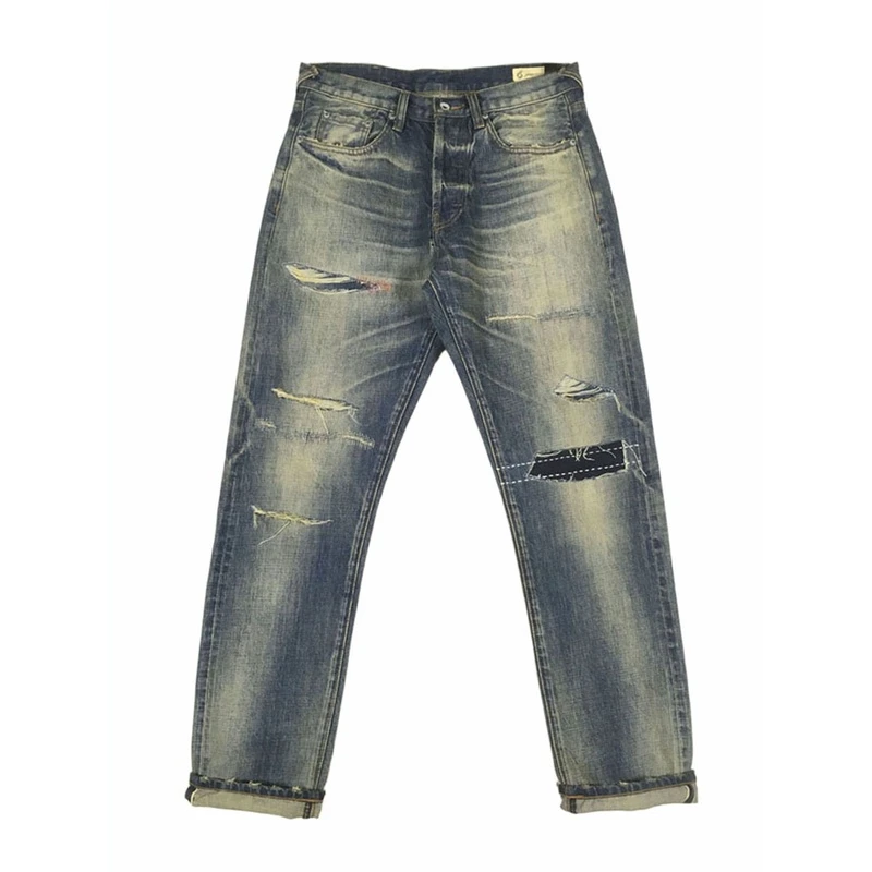 银壁虎男生破洞补丁刀割修身直筒牛仔裤19AWNBHD牛王日系怀旧黄水
