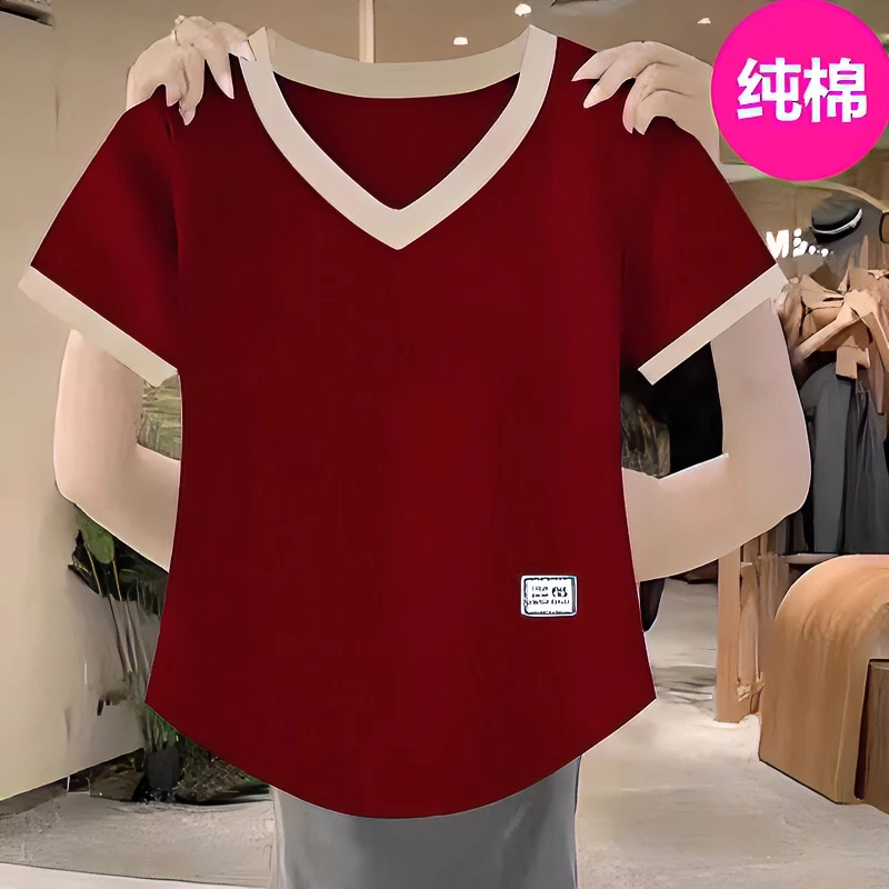 洋气V领纯棉短袖t恤女夏季新款大码宽松遮肚时尚气质减龄百搭体恤