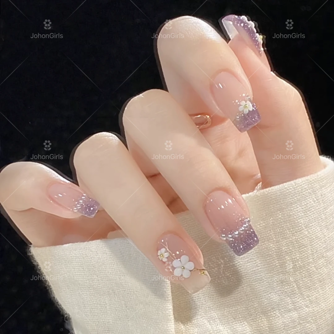 JohonGirls'/琴岛小嫚【 紫色花田 】仙女法式碎钻花花手工穿戴甲片