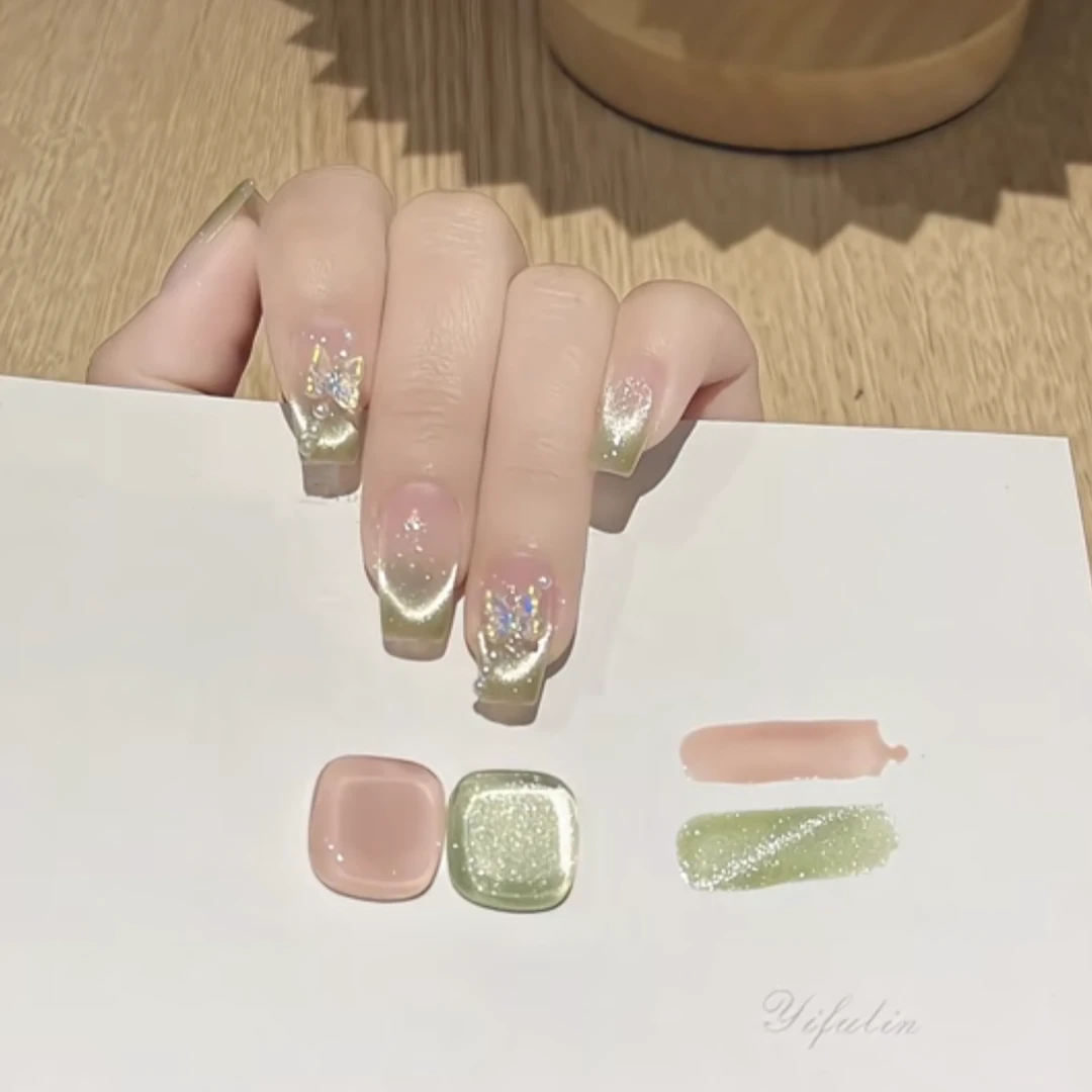 JohonGirls'/琴岛小嫚【青提奶绿】高级感小清新法式猫眼手工穿戴甲