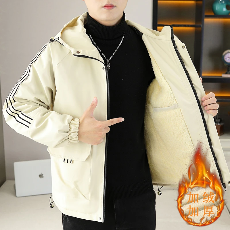 男士加绒加厚夹克韩版休闲秋冬棉衣服青少年帅气外衣百搭外套男潮