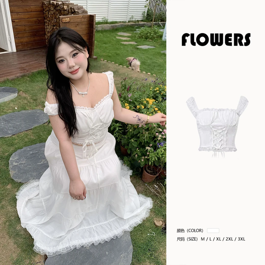 10115全球花【法式度假风】大码短款收腰显瘦绑带修身背心吊带上衣