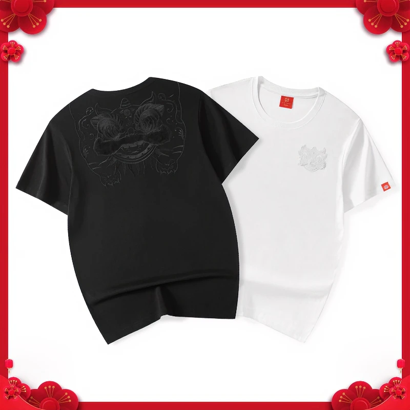 ZB专用轻奢短袖T恤宽松纯棉打底潮流国潮醒狮刺绣半袖圆领夏季