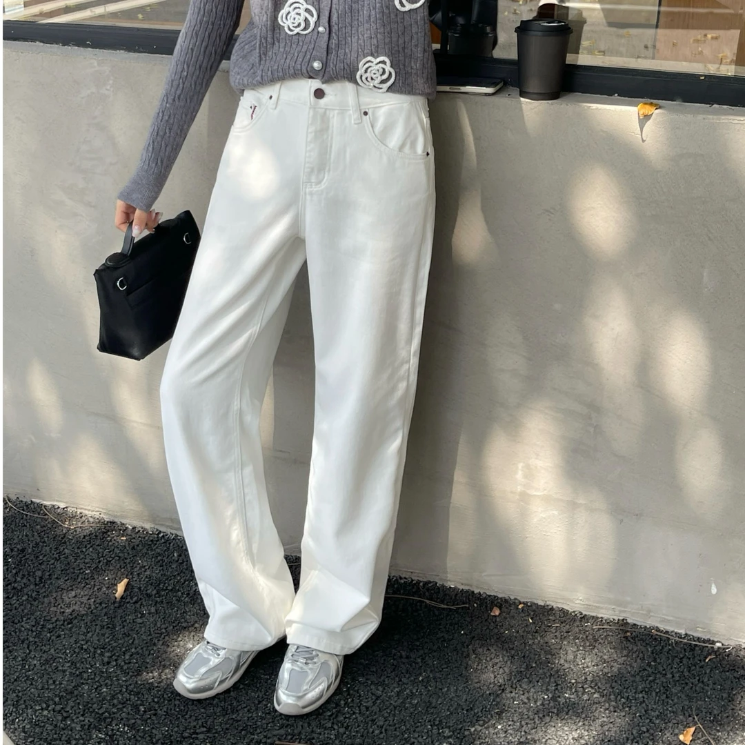 【Glozzzz】暴雪预告 白色无弹植绒显瘦直筒牛仔裤KK-1 88661