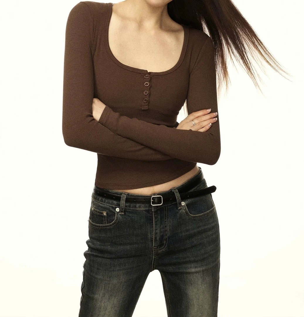 【Glozzzz】纯爱猎手 美式辣妹半开领长袖修身打底上衣918-2