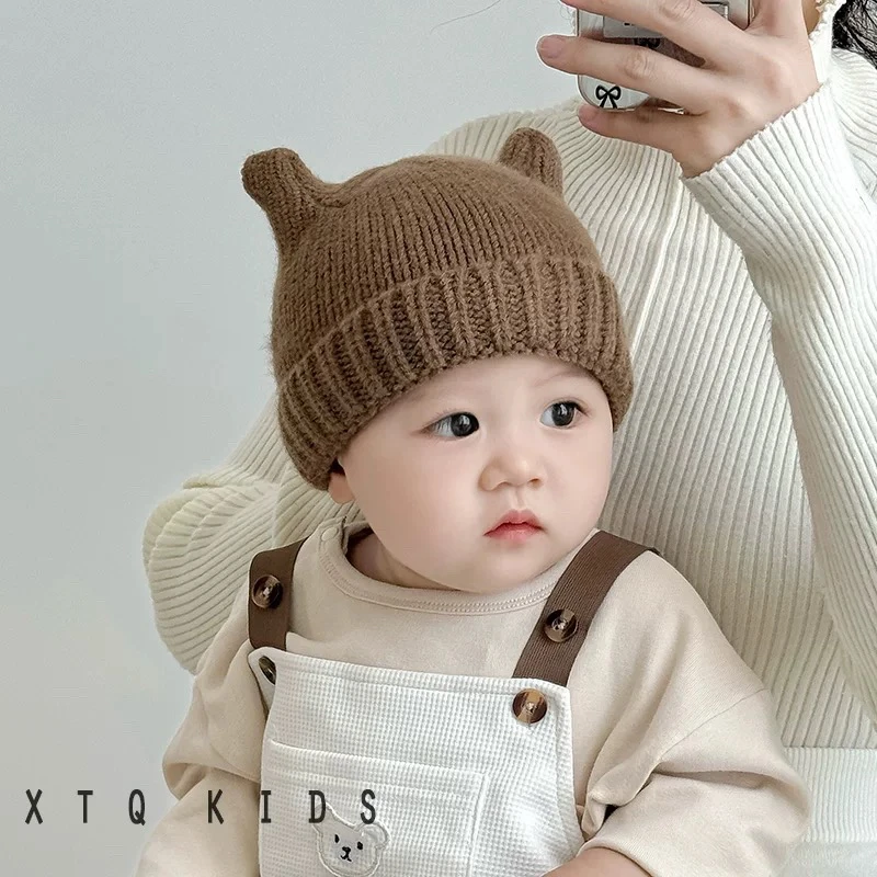 婴儿帽子秋冬保暖防风护耳帽韩版毛线针织帽男女宝宝套头帽小月龄