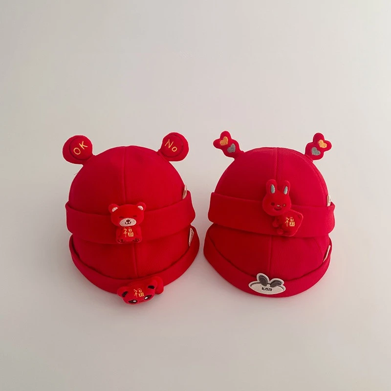 婴幼儿卡通可爱红色帽子春秋季宝宝薄款地主帽男女小童套头瓜皮帽
