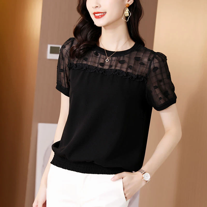 时尚黑色网纱上衣女2025春夏季新款妈妈装洋气宽松遮肚短袖雪纺衫